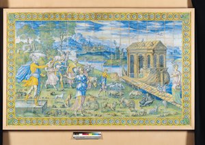 Flise, der viser historien om Noah: Embarking in the Ark (keramik)